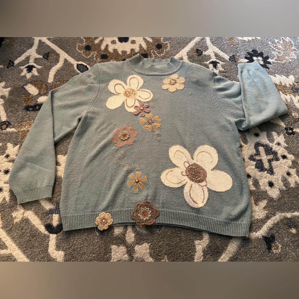 Vintage - Alfred Dunner Grandma Crewneck Sweater XL Teal Artsy 3D Flowers